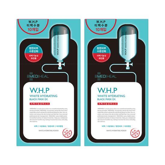 20 sheets of Mediheal W.H.P Whitening Hydration Black Mask EX, a K-Beauty skincare product designed for brightening and hydrating the skin.