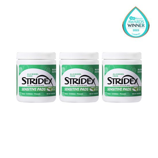 Stridex Sensitive Pads Triple Pack featuring 270 skincare sheets for gentle exfoliation and acne treatment, ideal for sensitive skin.