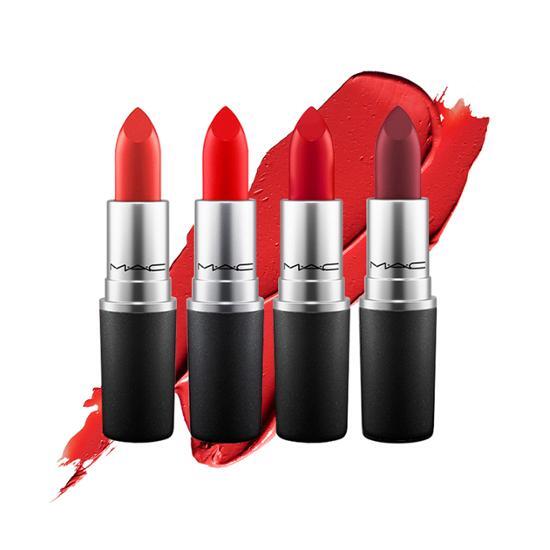 MAC Lipstick in Rilentry Sleeves Red, vibrant red shade, perfect for bold lip looks.