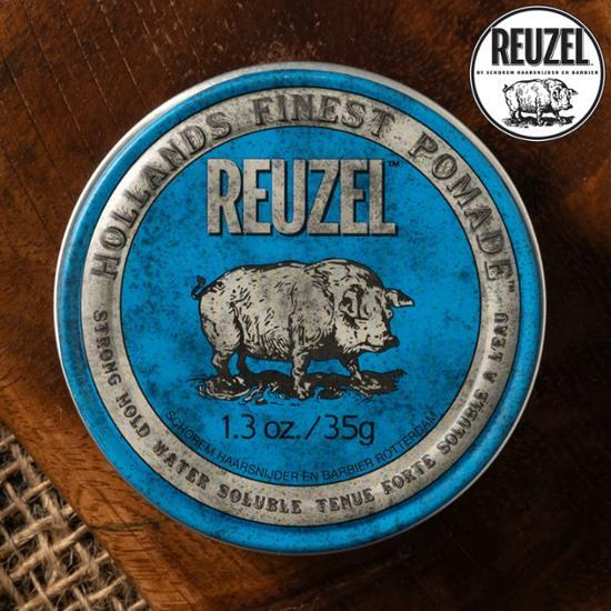 RiuGel Blue Water-Based Pomade 1.3oz/35g for men's styling, featuring a sleek blue packaging ideal for achieving versatile hairstyles.