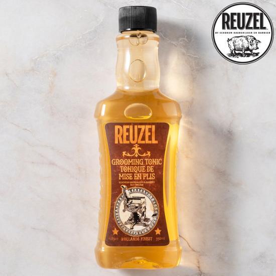 Alt text: Riuzel Grooming Tonic 11.8oz/350ml bottle for men's beauty styling, featuring K-Beauty elements and Reuzel branding.