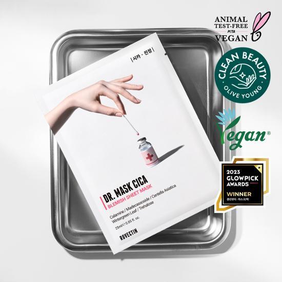Rovectin Dr. Mask Cica soothing skincare mask, 1 sheet packaging, part of a set of 5 sheets, ideal for K-Beauty routines.