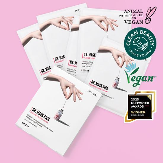 Rovectin Dr. Mask Cica - Set of 5 soothing skincare masks for revitalizing and calming the skin, ideal for K-Beauty enthusiasts.