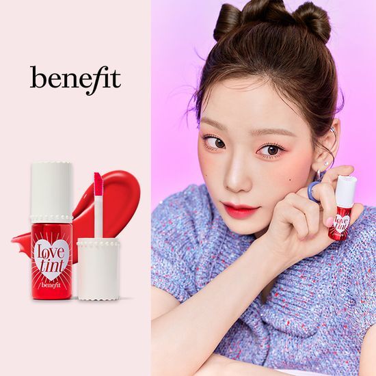 Benefit Love Tint: A vibrant lip and cheek tint in a sleek packaging, perfect for a natural flush of color.