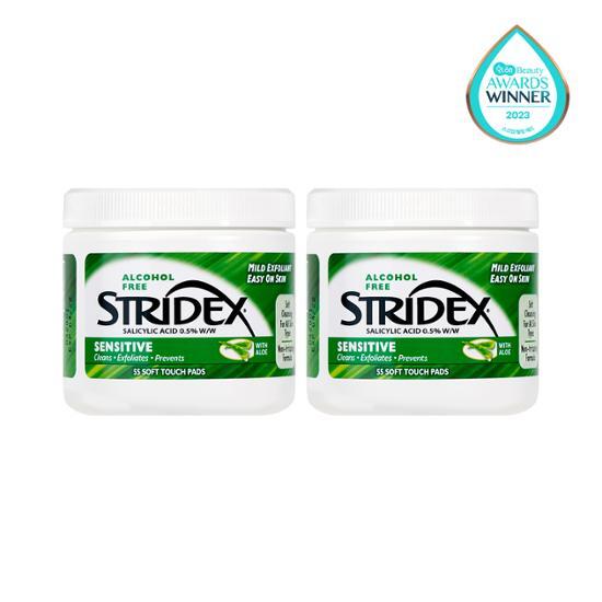 Stridex Sensitive Pads Double Pack featuring 110 sheets total, a skincare essential for gentle exfoliation and acne treatment.