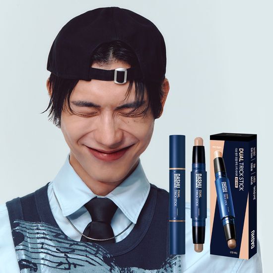 Alt text: DASHU Men's Dual Trick Stick in Sand/Light, a 2-in-1 concealer and shading stick for versatile grooming.