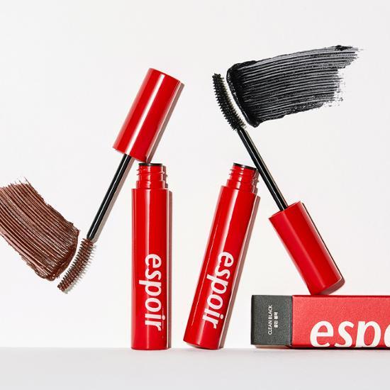 Espoir No-Merging Waterproof Mascara in Clean Black, showcasing its sleek packaging and brush design for long-lasting, smudge-proof wear.