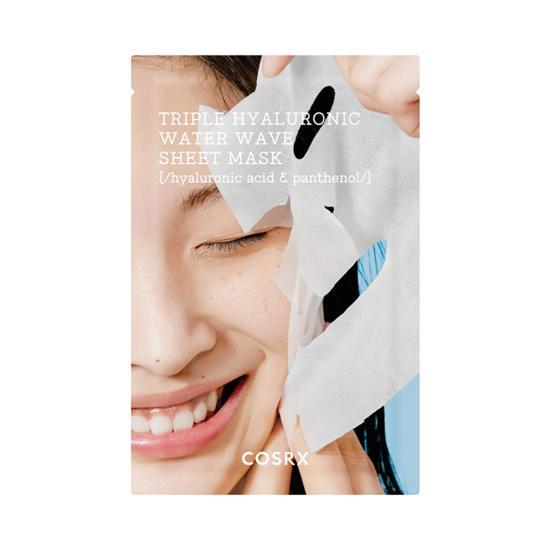 COSRX Hydrium Triple Hyaluronic Water Wave Sheet Mask packaging showcasing K-Beauty skincare benefits for hydration and rejuvenation.