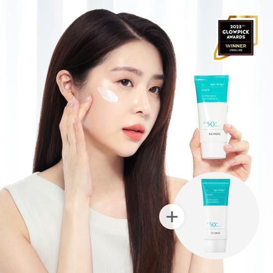 Scinic Cynic Enjoy Super Mild Sun Essence Double Set featuring two 50ml bottles, perfect for skincare and sun care in K-Beauty.