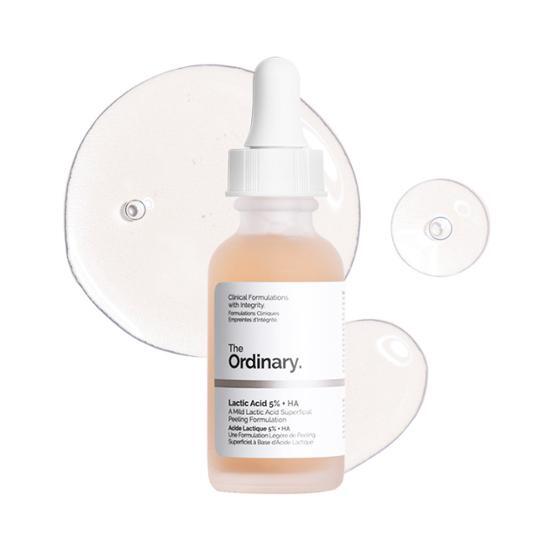 Product image of The Ordinary Lactic Acid 5% + HA, a skincare toner featuring a minimalist bottle design, ideal for enhancing skin texture and hydration.