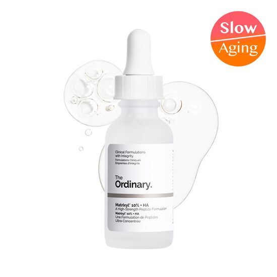 Product image of The Ordinary Matrixyl 10% + HA, a skincare serum designed to improve skin elasticity and hydration, featuring sleek packaging in a dropper bottle.