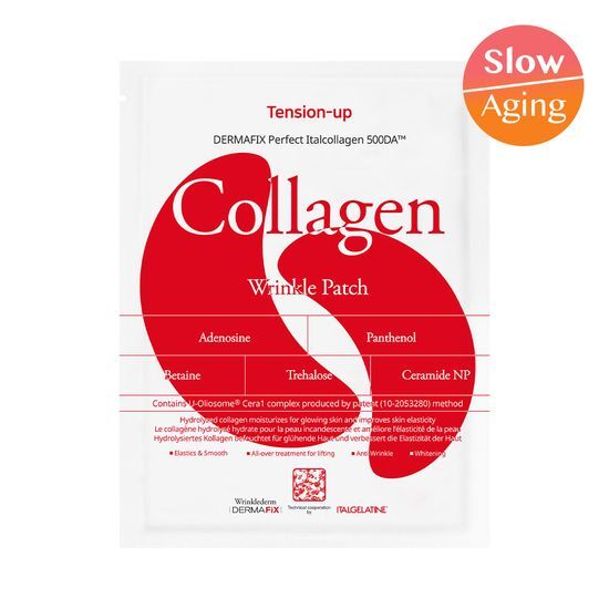 Dermafix Real Collagen Tension-Up Wrinkle Patch for skincare, featuring K-Beauty technology to reduce wrinkles and enhance skin elasticity.