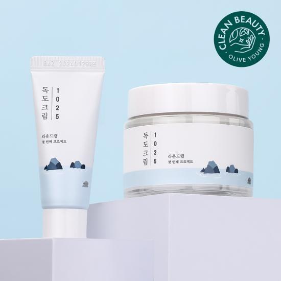 Round Lab 1025 Dokdo Cream 80ml with bonus 20ml, a moisturizing skincare product from K-Beauty, packaged in a sleek container.