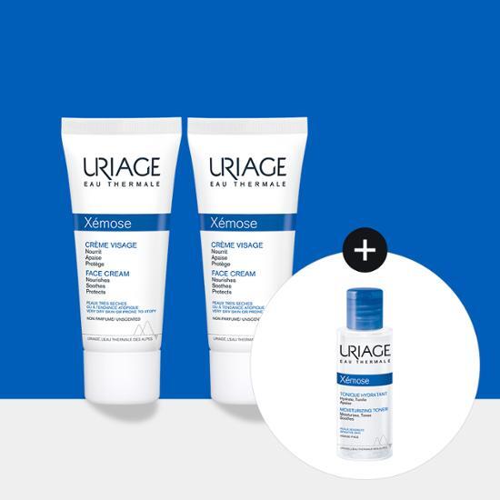 Uriage Jemose Face Double Set featuring two 40ml moisturizers and a complimentary 50ml Jemose Toner, ideal for skincare enthusiasts looking for hydration and K-Beauty solutions.