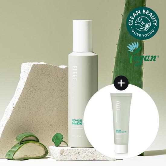 Plif Cica-Aloe Balancing All-in-One Lotion set featuring a 200ml bottle and a 50ml bonus, perfect for K-Beauty skincare routines and moisturization.