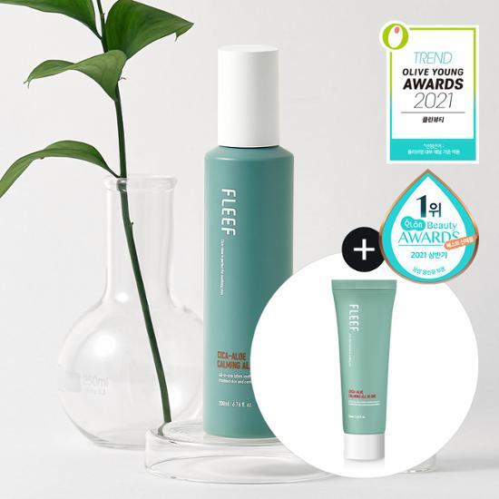 Image of Pleaf Cica-Aloe Calming All-in-One Lotion, featuring a 200ml and a 50ml bottle, designed for skincare with K-Beauty ingredients for soothing and moisturizing.