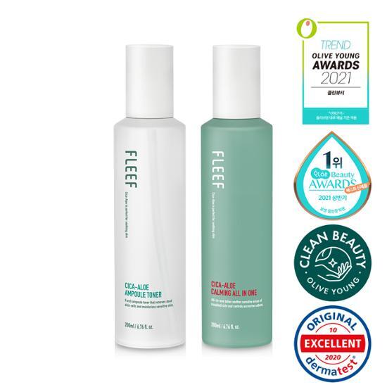 Plif Cica-Aloe Ampoule Toner 200ml and Calming All-in-One 200ml skincare products, perfect for moisturizing and soothing, part of K-Beauty collection.