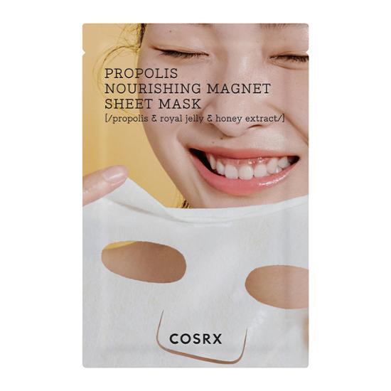 Alt text: COSRX Full Fit Propolis Nourishing Magnet Sheet Mask - K-Beauty skincare mask for hydration and nourishment, featuring vibrant packaging design.