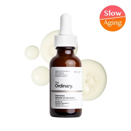 30ml bottle of The Ordinary Granactive Retinoid 2% Emulsion, a skincare product designed to improve skin texture and reduce signs of aging.