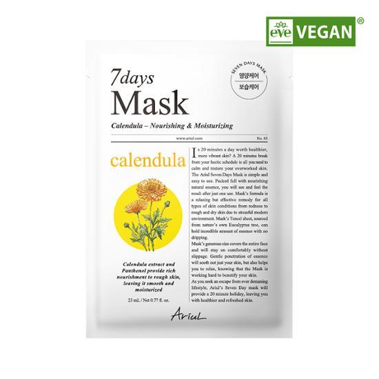Sheet mask featuring Ariel Seven Days Calendula P for skincare, part of K-Beauty collection.