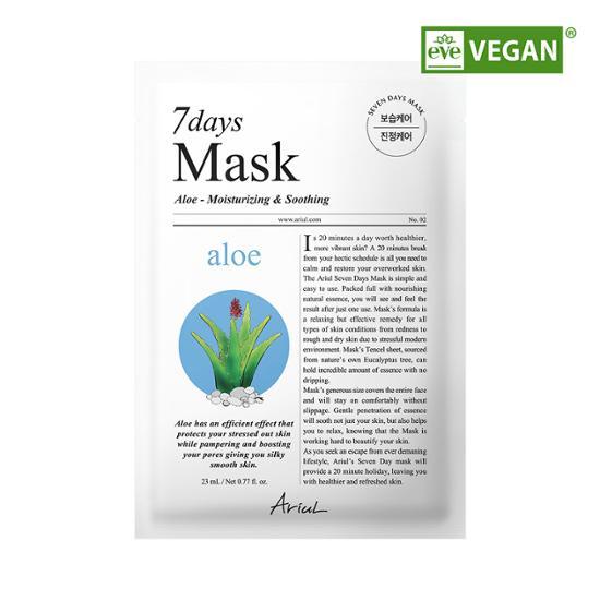 Single sheet of Ariel Seven Days Aloe H Mask, a K-Beauty skincare product designed for hydration and nourishment.