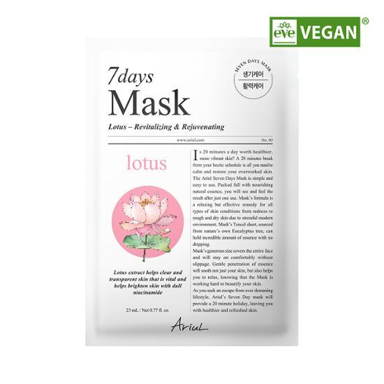 Single sheet of Ariel Seven Days Mask Lotus N, a K-Beauty skincare product designed for rejuvenating and hydrating the skin.