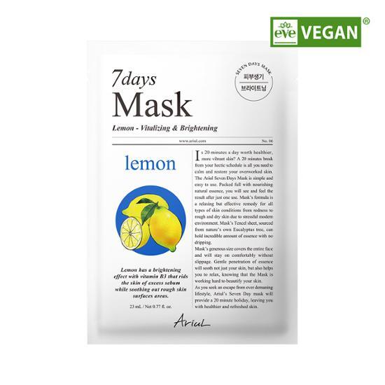 Single sheet of Ariel Seven Days Mask Lemon C, a K-Beauty skincare product designed to brighten and hydrate the skin.