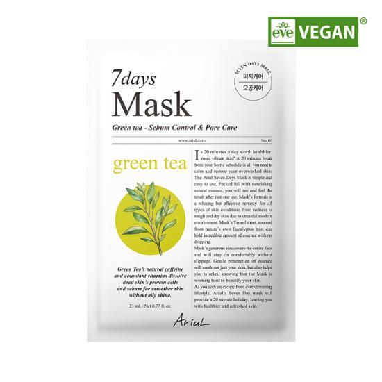 Single sheet of Ariel Seven Days Green Tea Mask, a K-Beauty skincare product designed for nourishing and hydrating skin.