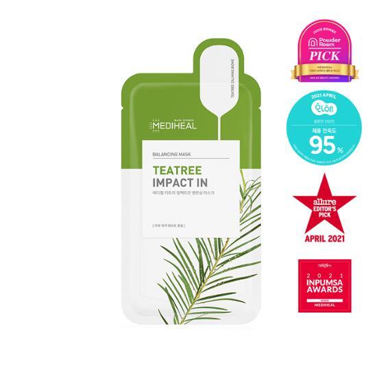 Single sheet of Mediheal Tea Tree Impact Balancing Mask, part of the Collagen Impact series, designed for skincare enthusiasts seeking K-Beauty solutions.