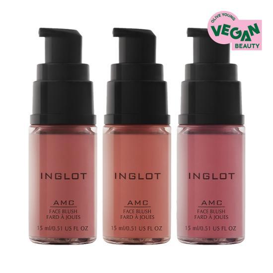 Inglot AMC Face Liquid Blush in three available shades, size 94, showcasing vibrant colors for a radiant complexion.