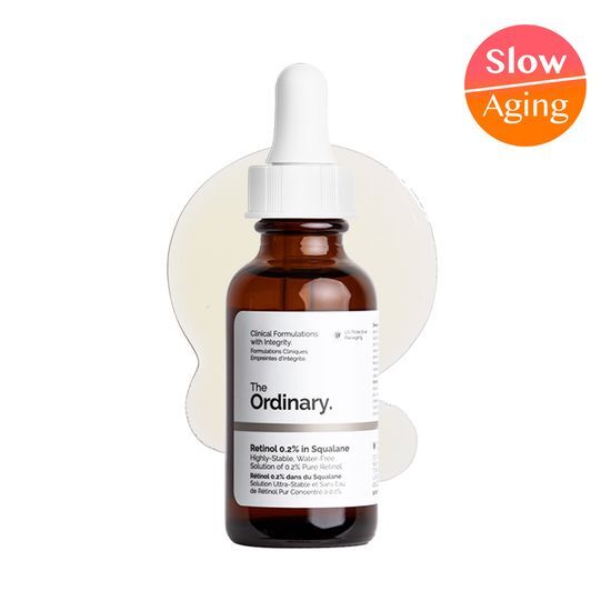 Alt text: The Ordinary Retinol 0.2% in Squalane 30ml - Anti-aging skincare serum in a sleek dropper bottle, ideal for enhancing skin texture and reducing fine lines.