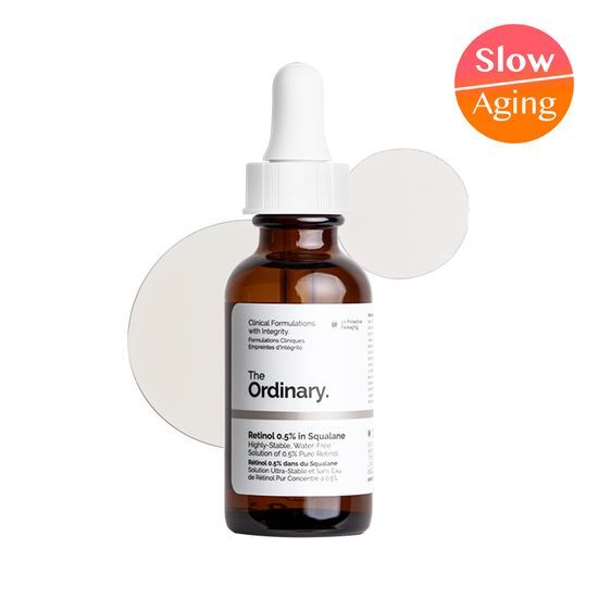 30ml bottle of The Ordinary Retinol 0.5% in Squalane, a skincare serum designed to improve skin texture and reduce signs of aging.