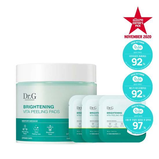 Dr. G Brightening Vita Peeling Pads - 70 pads plus 3 extra, a K-Beauty skincare product designed to enhance skin brightness and texture.