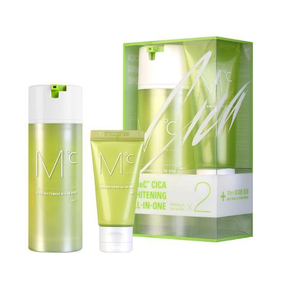 Set of MDC Cica Whitening All-in-One skincare products including 130ml and 30ml bottles, designed for moisturizing and brightening, featuring K-Beauty formulation.