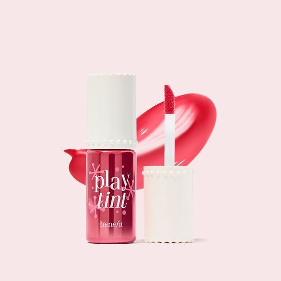Benefit PlayTint lip and cheek tint in a sleek bottle, perfect for a natural flush of color.