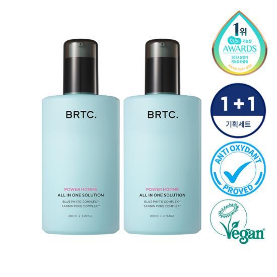 BRTC Power Homme All-in-One Solution Double Pack skincare product, featuring two 200ml bottles, perfect for moisturization and K-Beauty enthusiasts.