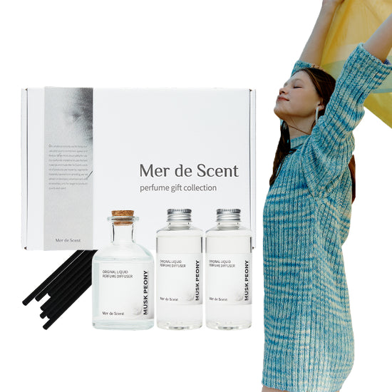 Alt text: Merdicent Perfume Diffuser Set featuring Musk Peony fragrance, includes a 150ml diffuser, 150ml refill, and 10 reeds, perfect for enhancing your home ambiance.