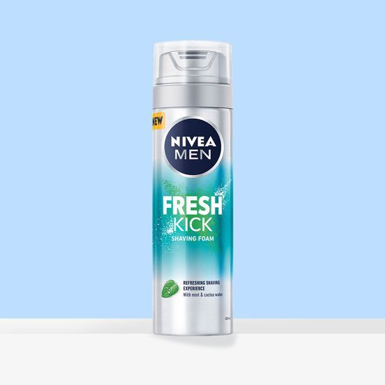 200ml Nivea Men Fresh Kick Shaving Foam for a refreshing shaving experience, part of NIVEA's men's beauty line.