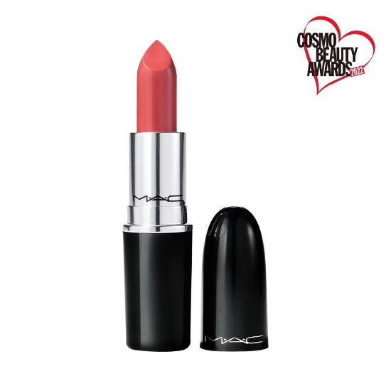 Alt text: MAC Lustreglass Lipstick in Cockney shade - vibrant and glossy finish, perfect for a bold lip look.