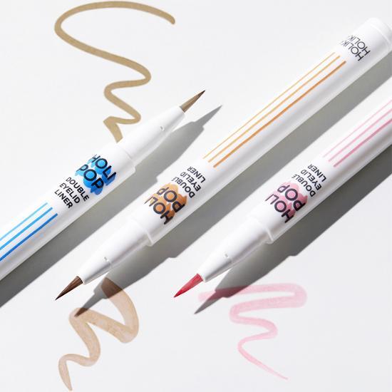 Holika Holika Holi Pop Dual Liner in Rose Tinting, perfect for creating aegyo sal and double eyelid looks, featuring a vibrant packaging design.