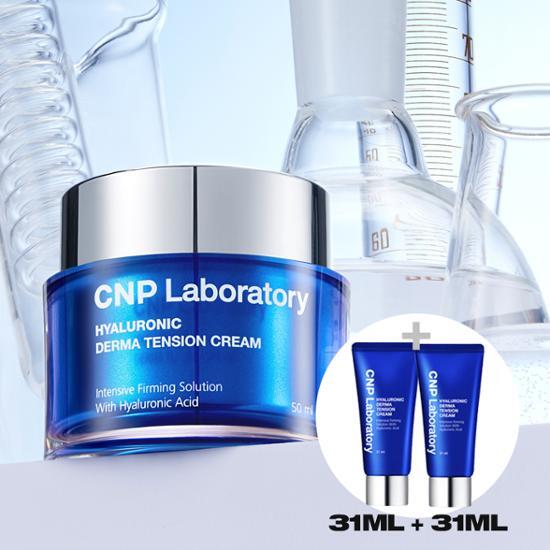 Image of CNP Hyaluronic Dermatension Cream 50ml with two bonus 31ml tubes, featuring K-Beauty skincare moisturizer for hydrated skin.