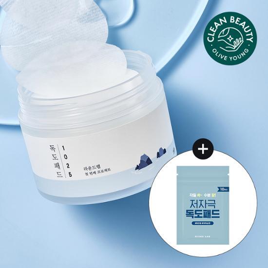 Round Lab 1025 Dokdo Pads - 70 sheets plus 10 bonus sheets, K-Beauty skincare product for personal care.