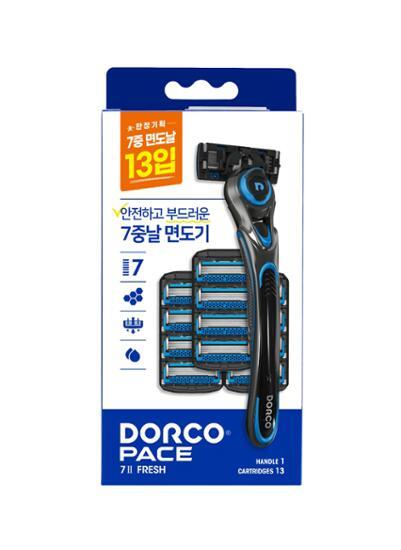 Dorco PACE7II FRESH razor set featuring a sleek design with 13 replacement blades, ideal for men's grooming and shaving needs.