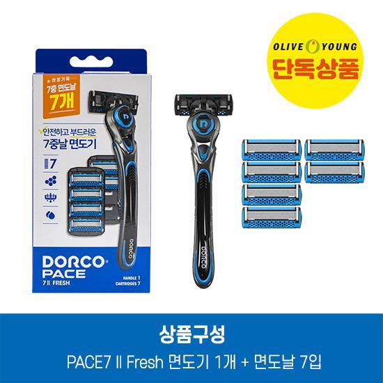 Dorco PACE7 II FRESH Razor with 7 replacement blades, designed for men's grooming and shaving needs.