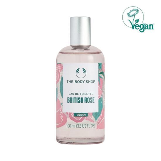 100ml bottle of The Body Shop British Rose EDT, a vegan fragrance featuring a floral scent, perfect for personal care.