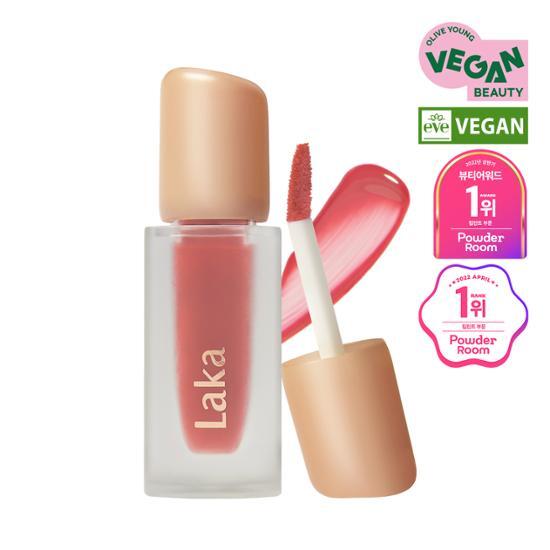 Alt text: Laka Fruity Glam Tint in shade 104 Cherry, featuring a vibrant red color, part of a collection with 18 shades, ideal for adding a fruity glam finish to lips.