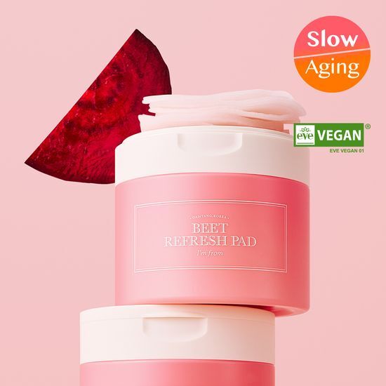 Alt text: I'm From Beet Refresh Pad - 60 sheets of K-Beauty skincare masks designed for revitalizing and hydrating skin.
