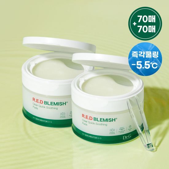 Dr.G Red Blemish Clear Quick Soothing Pad Double Set featuring 140 soothing pads for effective skincare, ideal for blemish treatment and K-Beauty routines.