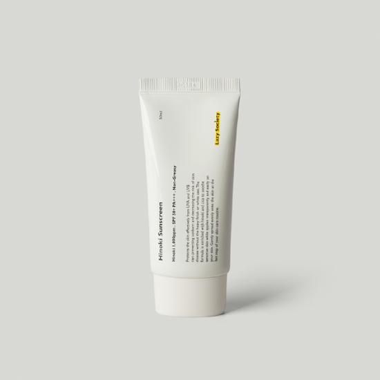 Lazy Society Hinoki Sunscreen 50ml - K-Beauty skincare product for sun care, featuring a sleek bottle design.