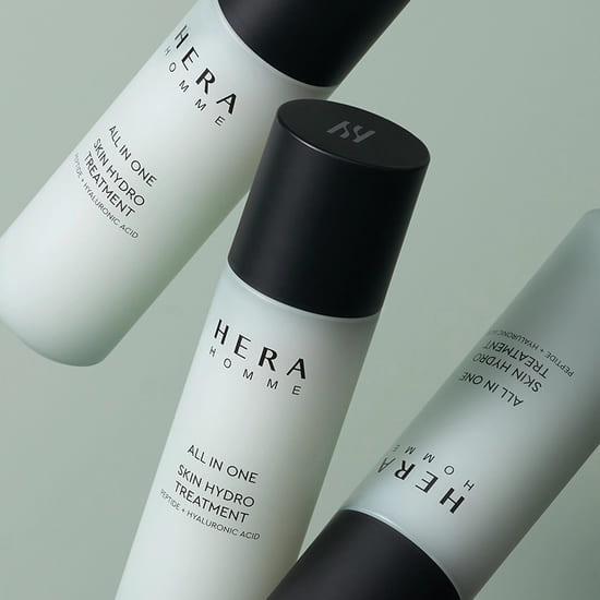 150ML Hera Homme All-in-One Skin Hydro Treatment, a K-Beauty moisturizer for men's skincare, displayed in a sleek container.